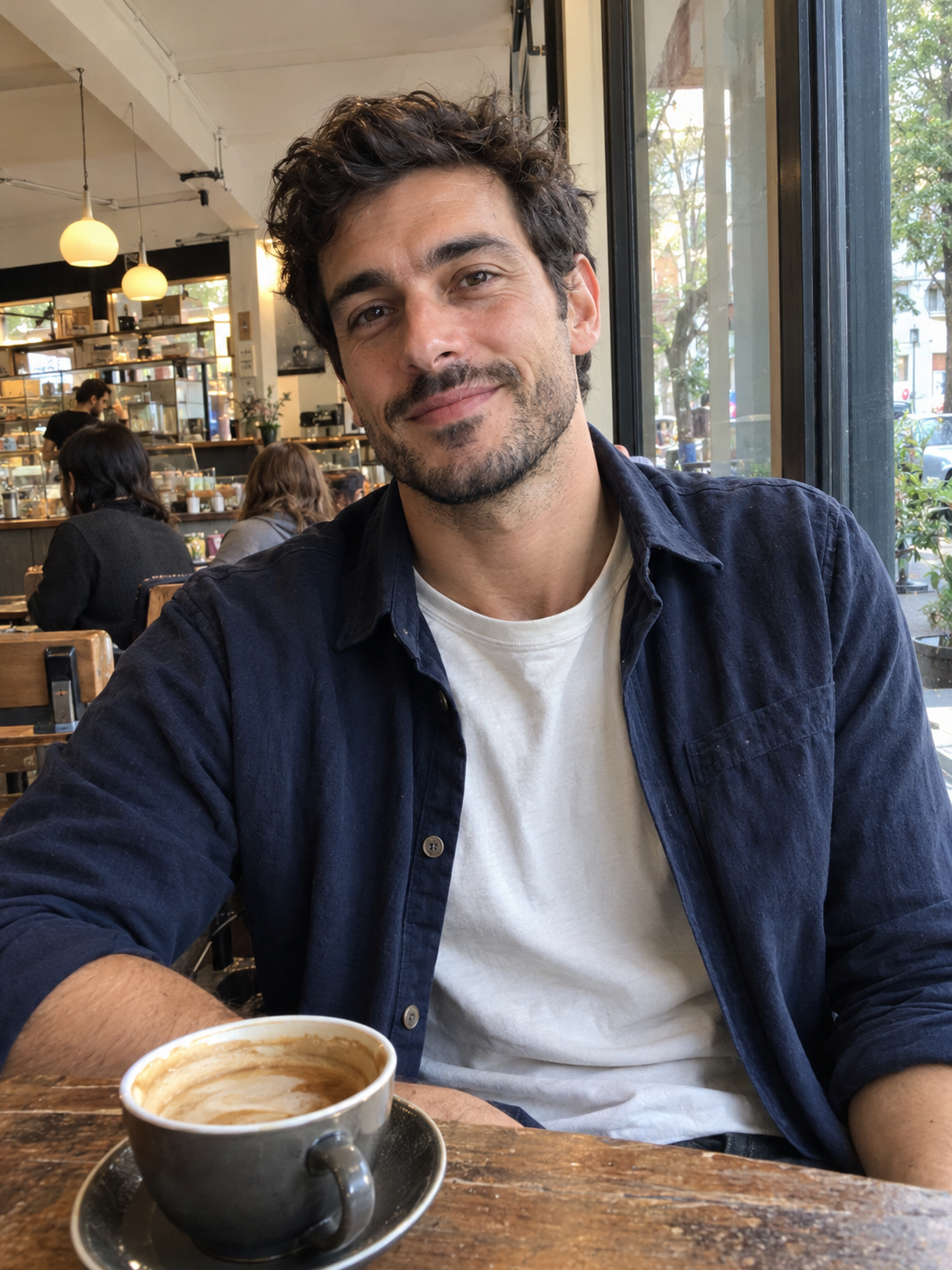 AI-generated example: man with dark wavy hair and stubble in a navy overshirt at a neighborhood café