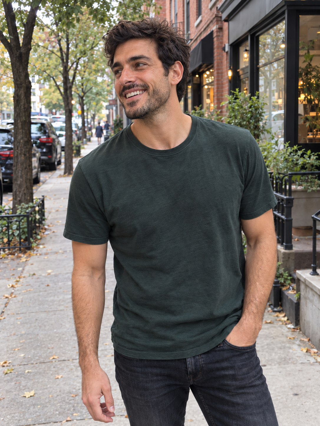 AI-generated example: the same man smiling and looking to the side in a green T-shirt on a leafy city sidewalk